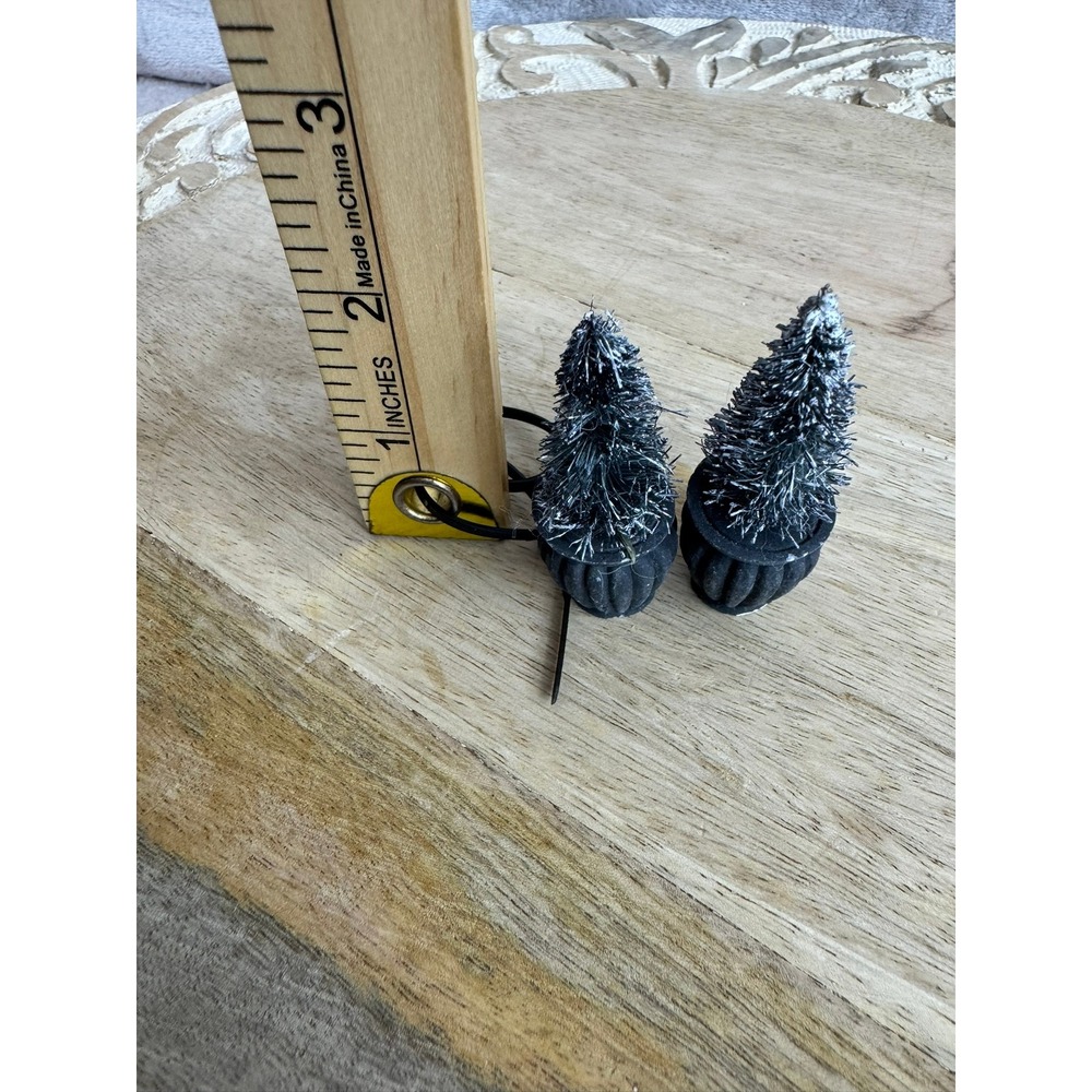 Miniature Frosted Black Bottle Brush Christmas Trees in Fluted Urns Set of 2 2in